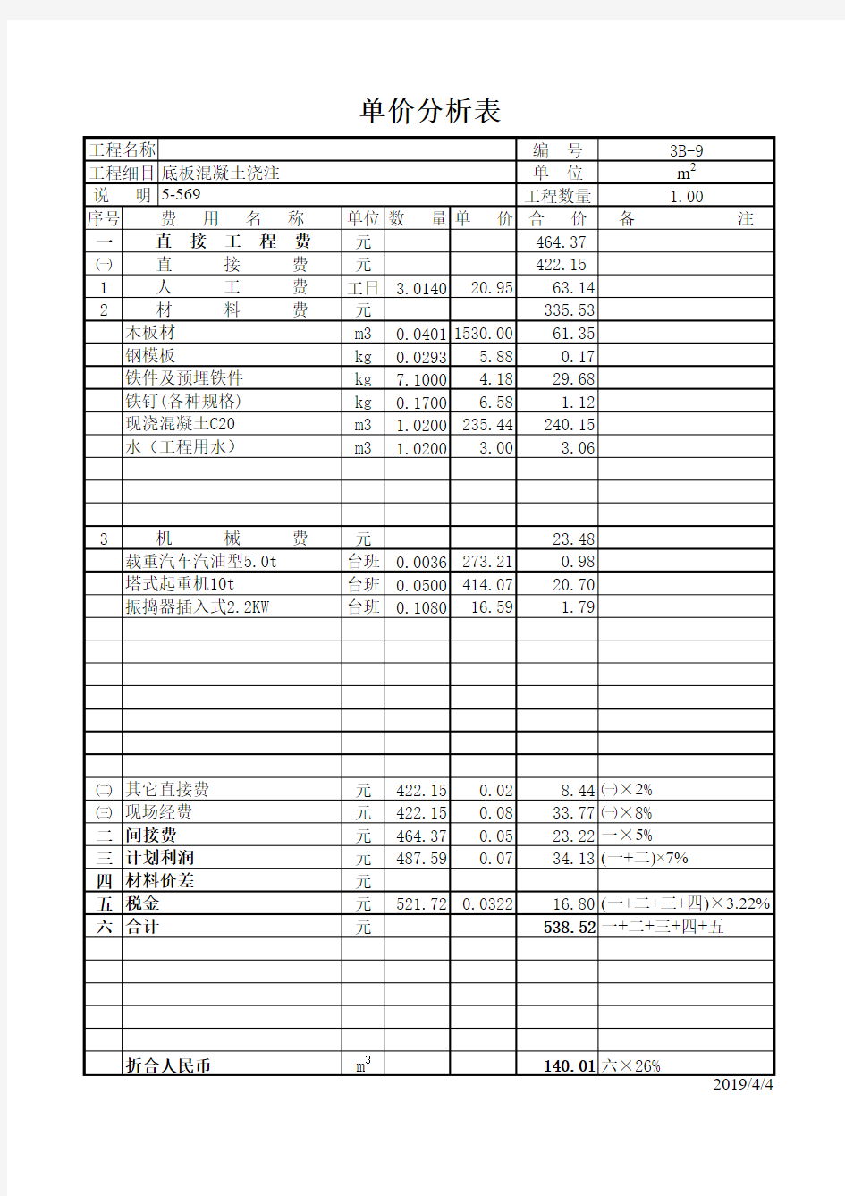 底板混凝土浇注单价分析表