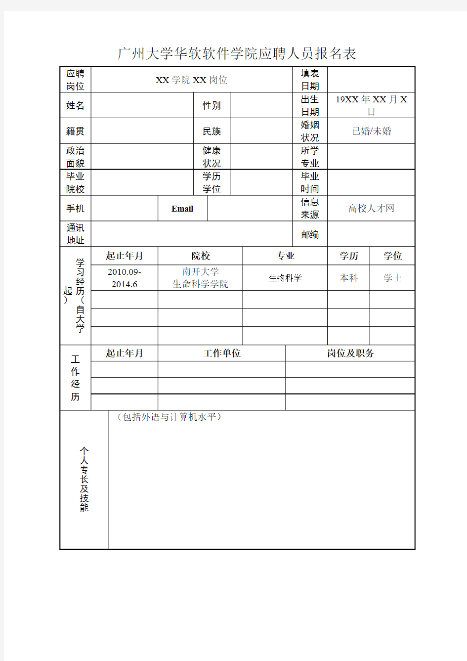 XX大学华软软件学院应聘人员报名表【模板】