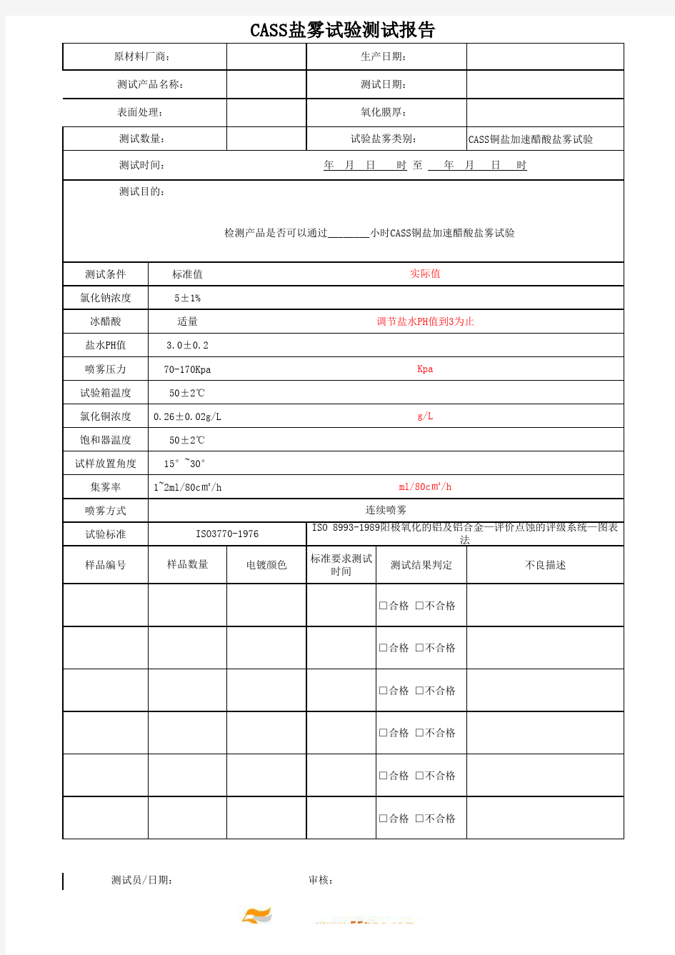 CASS盐雾试验报告表