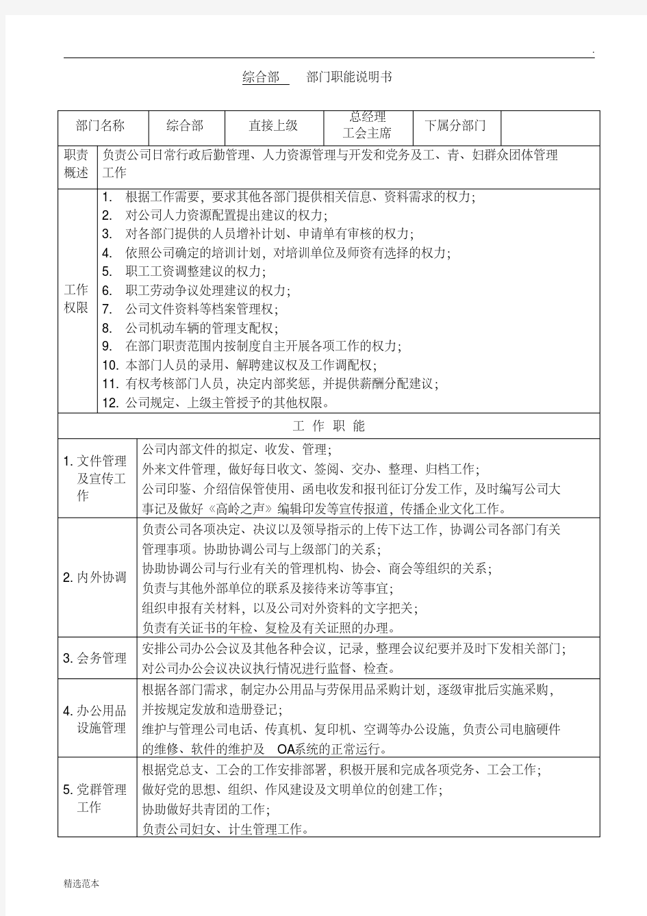 最新公司各部门职能说明书