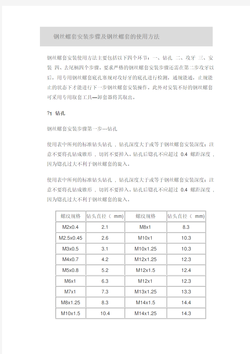 钢丝螺套安装步骤及钢丝螺套的使用方法