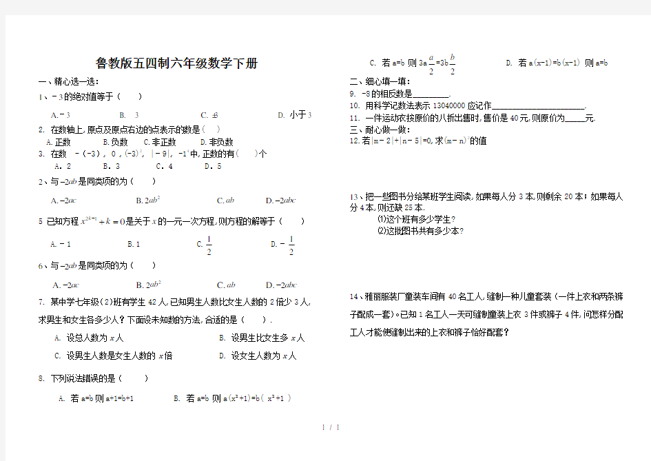 最新鲁教版五四制六年级数学下册