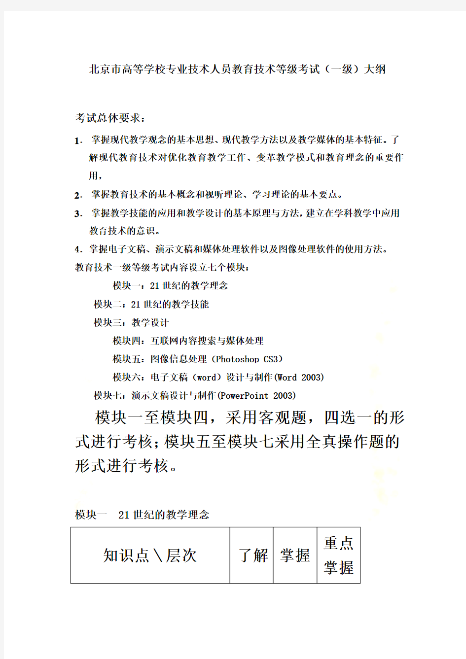 北京市高等学校专业技术人员教育技术等级考试(一级)大纲