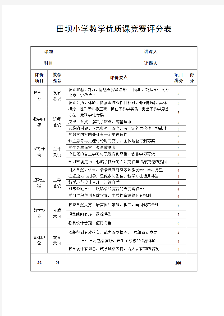 数学课堂评分表