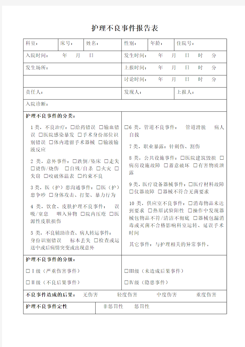 护理不良事件报告表