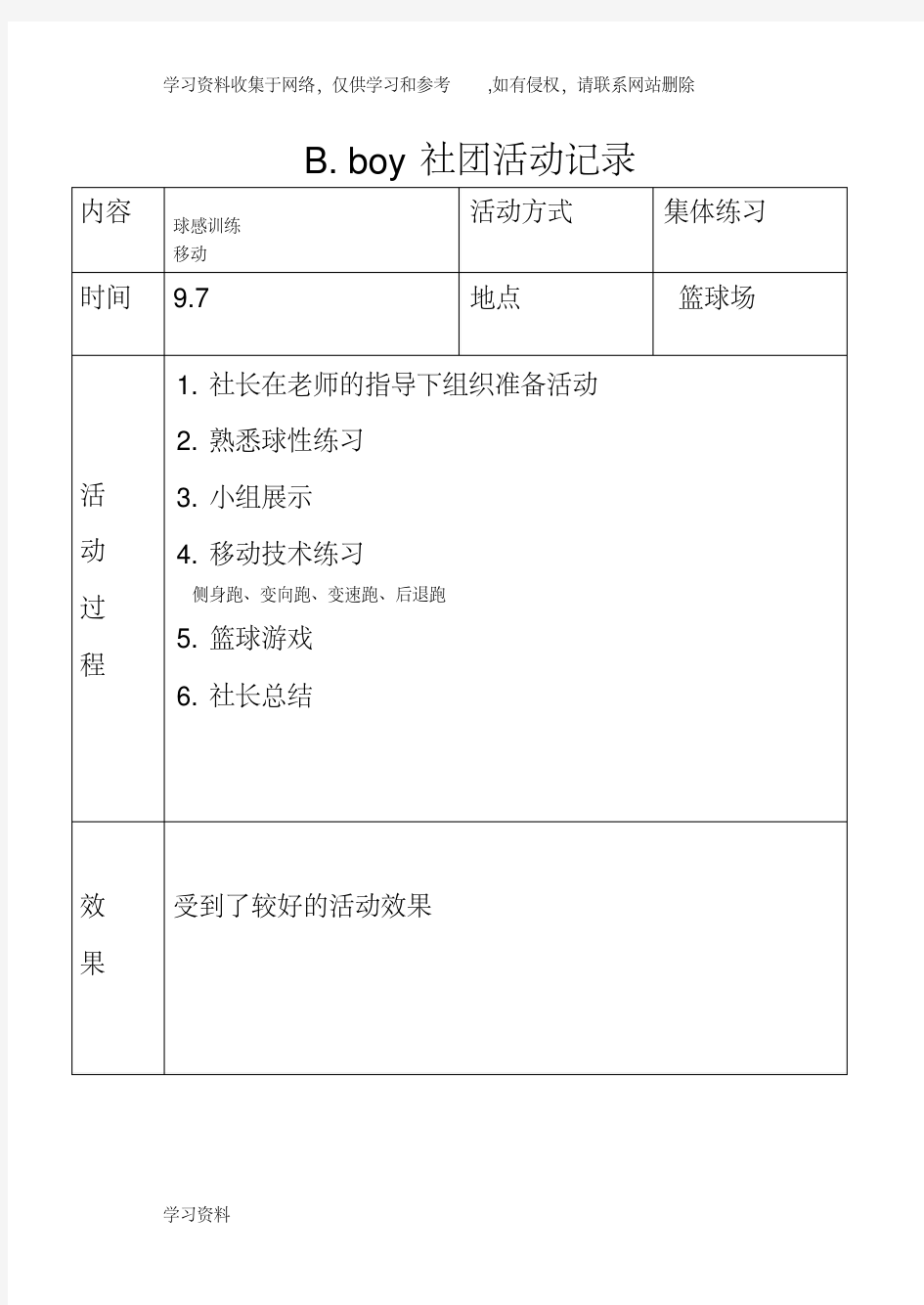 小学篮球社团活动记录