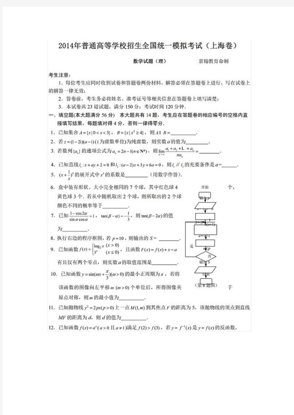 2014年普通高等学校招生全国统一模拟考试(上海卷)数学(理)试题(扫描版)