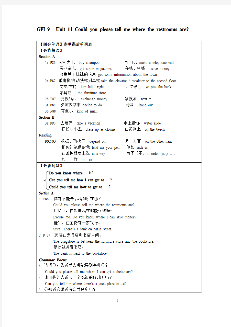 Teaching Plan for GFI Unit 11必背短语句子