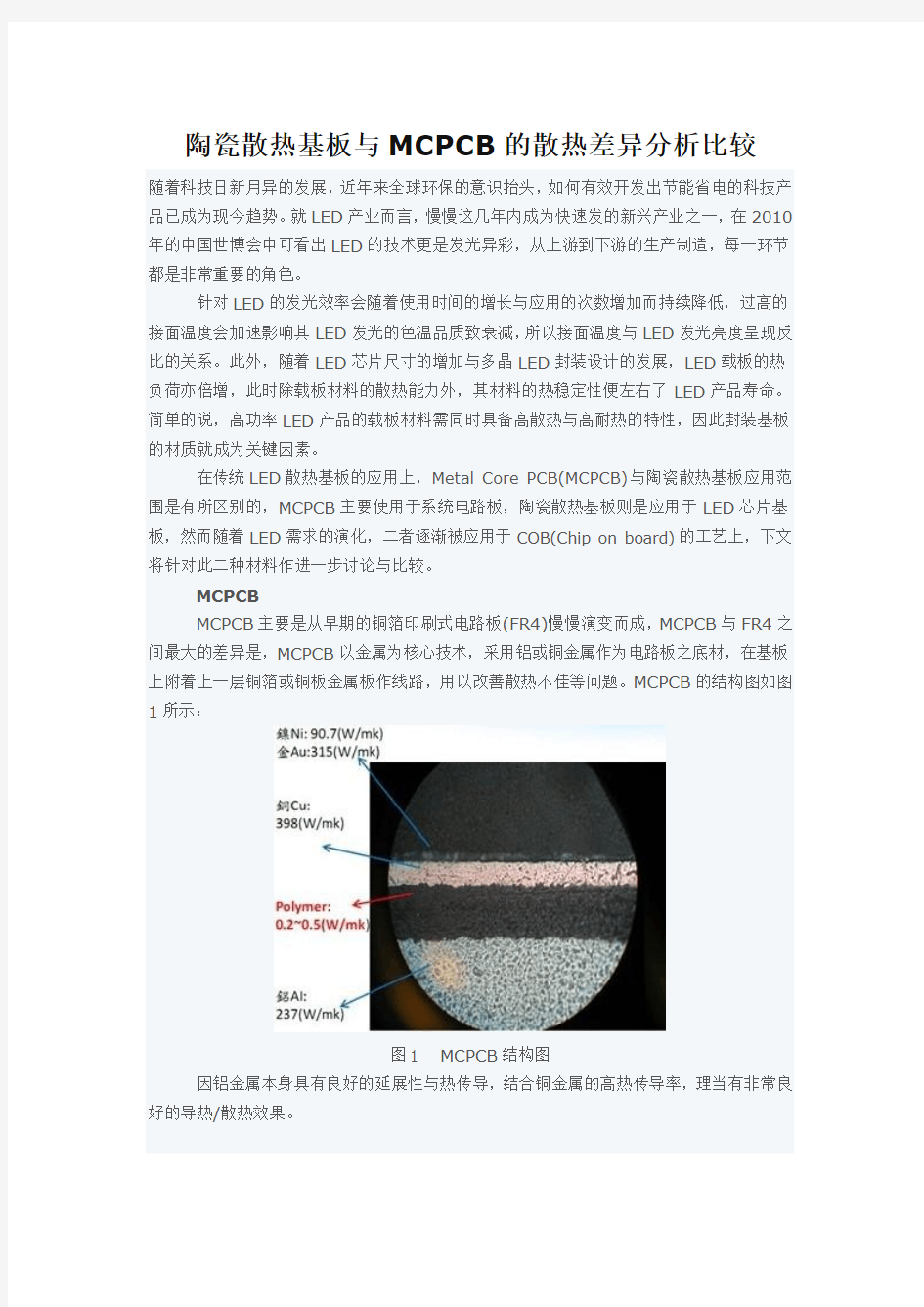 陶瓷散热基板与MCPCB的散热差异分析比较