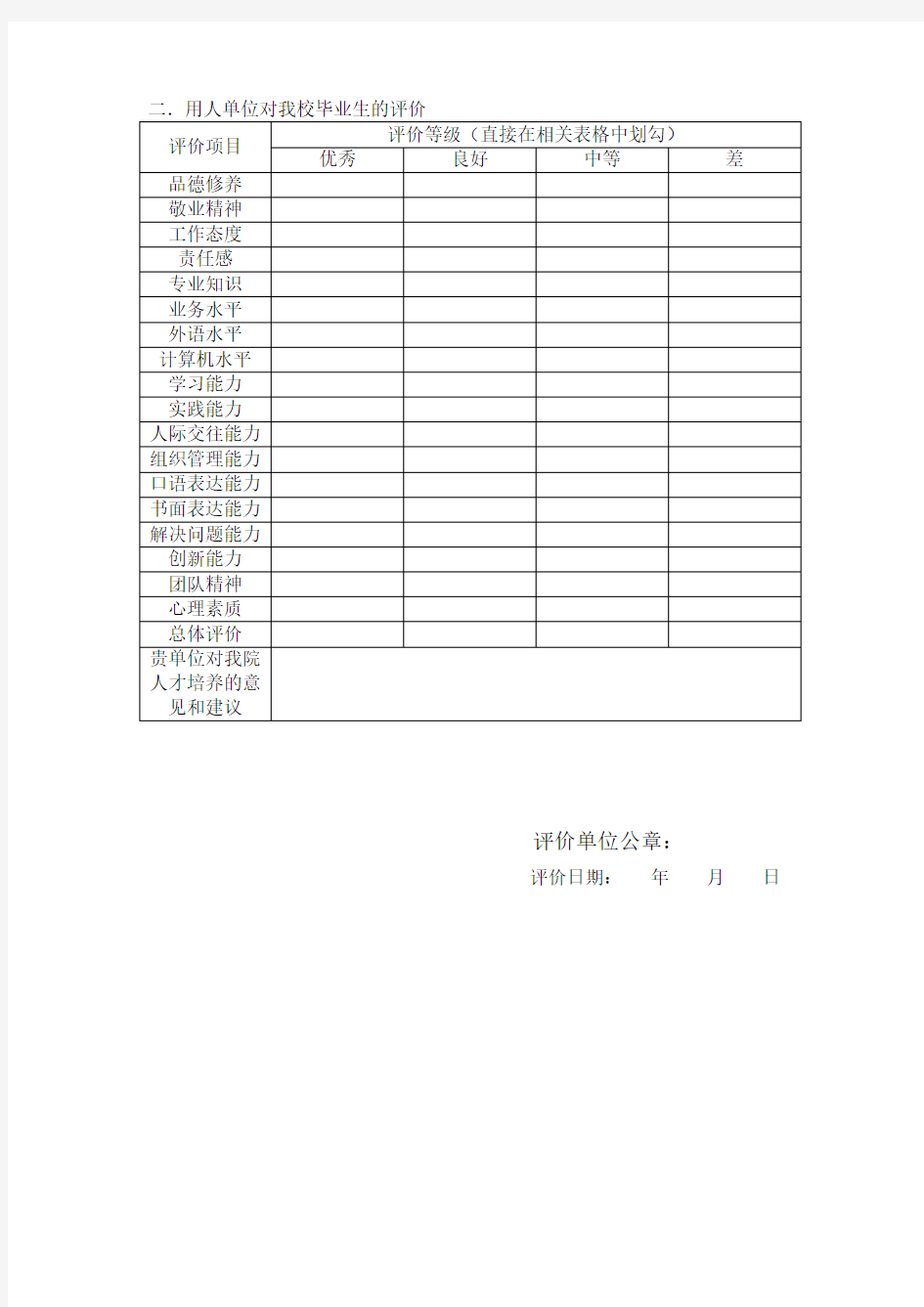 1用人单位对毕业生评价反馈表