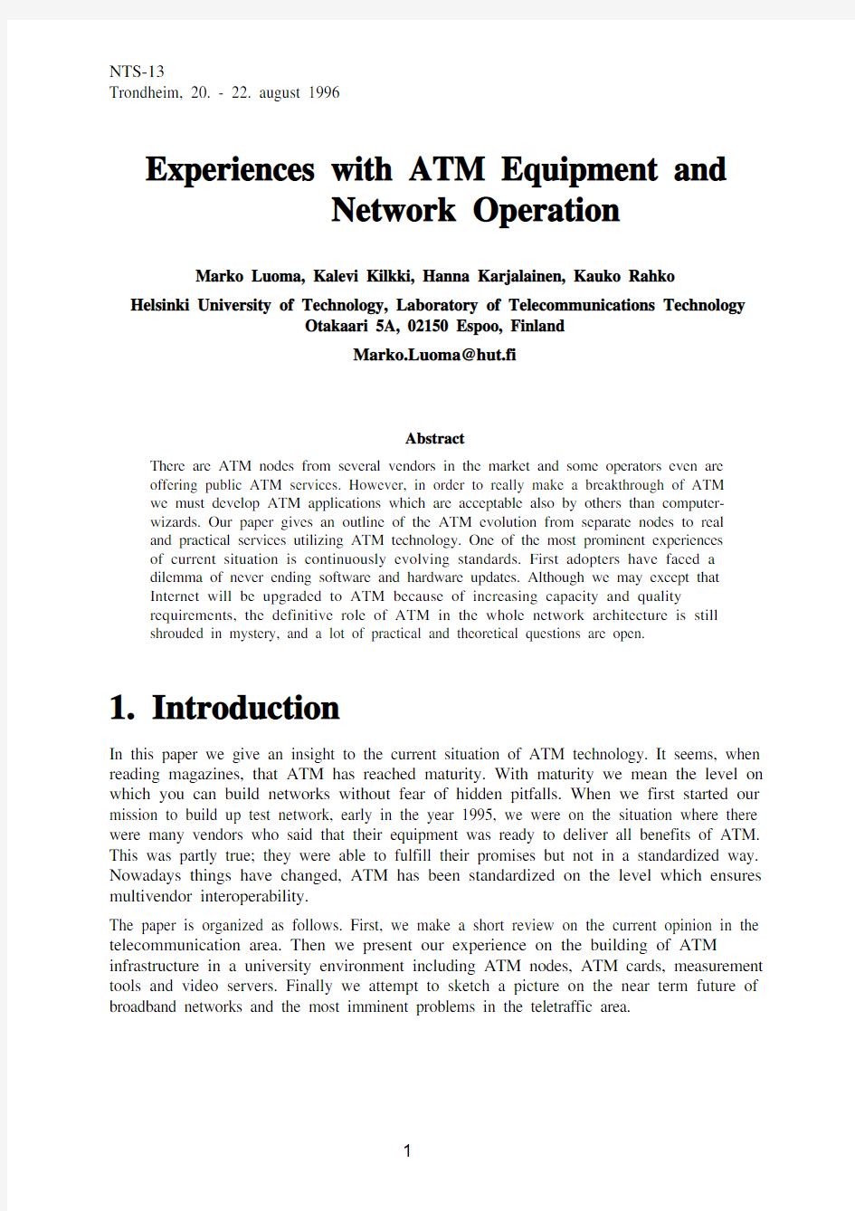 Experiences with ATM Equipment and Network Operation