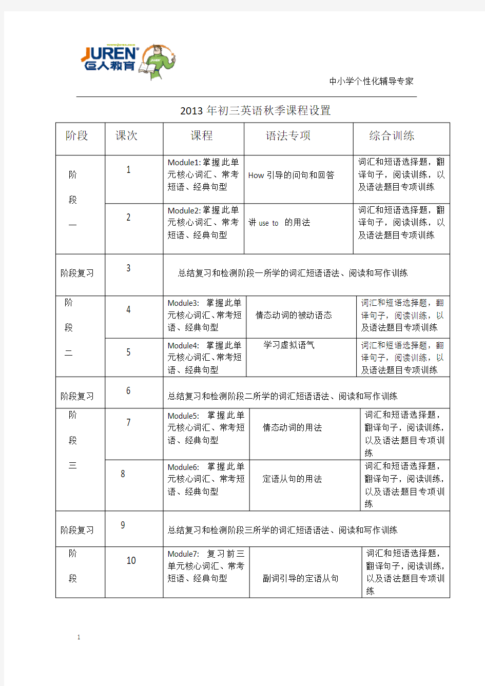 初三英语秋季设置大纲