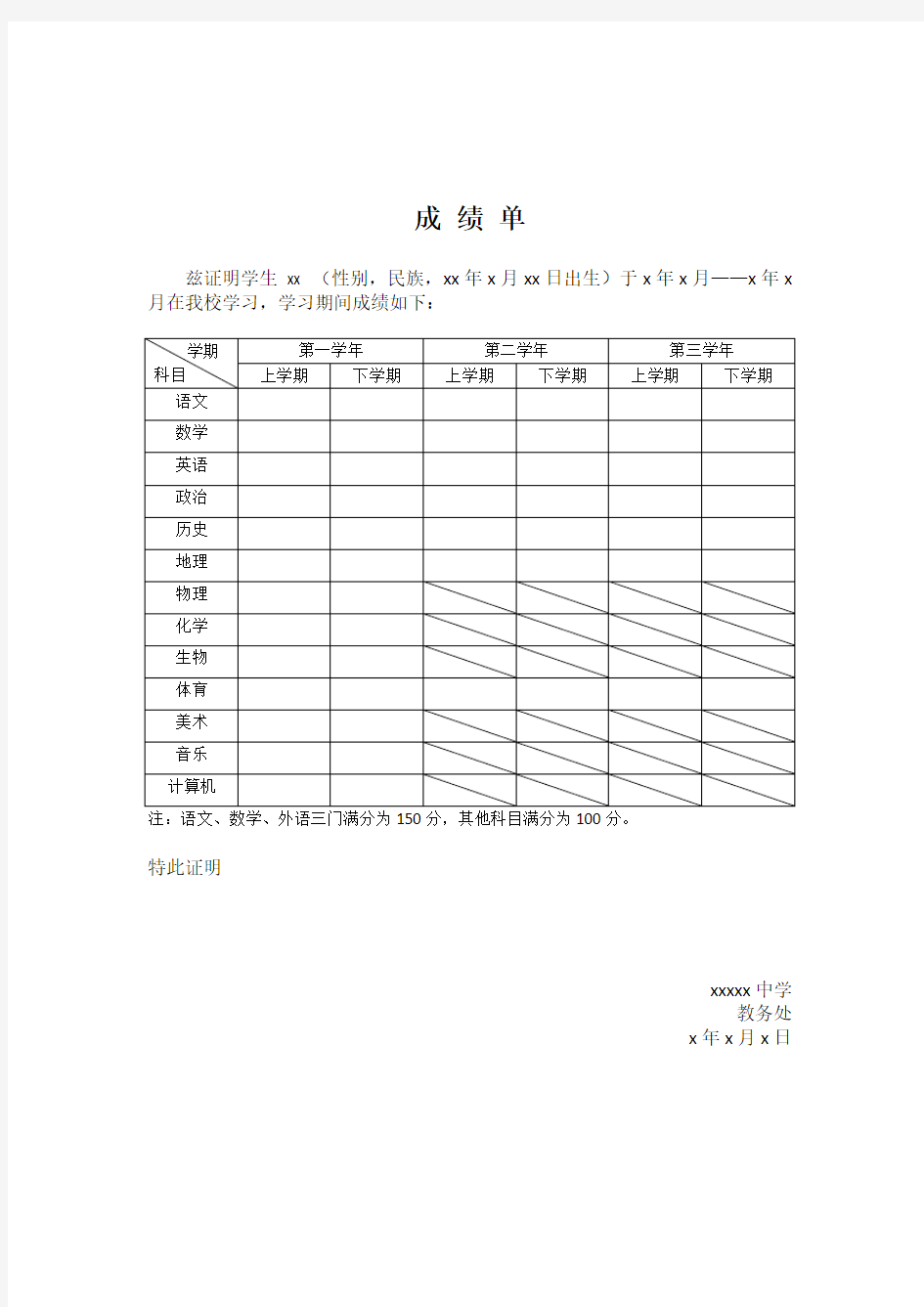 日本留学材料 高中成绩单模板