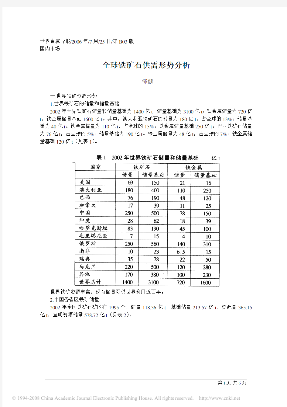 全球铁矿石供需形势分析