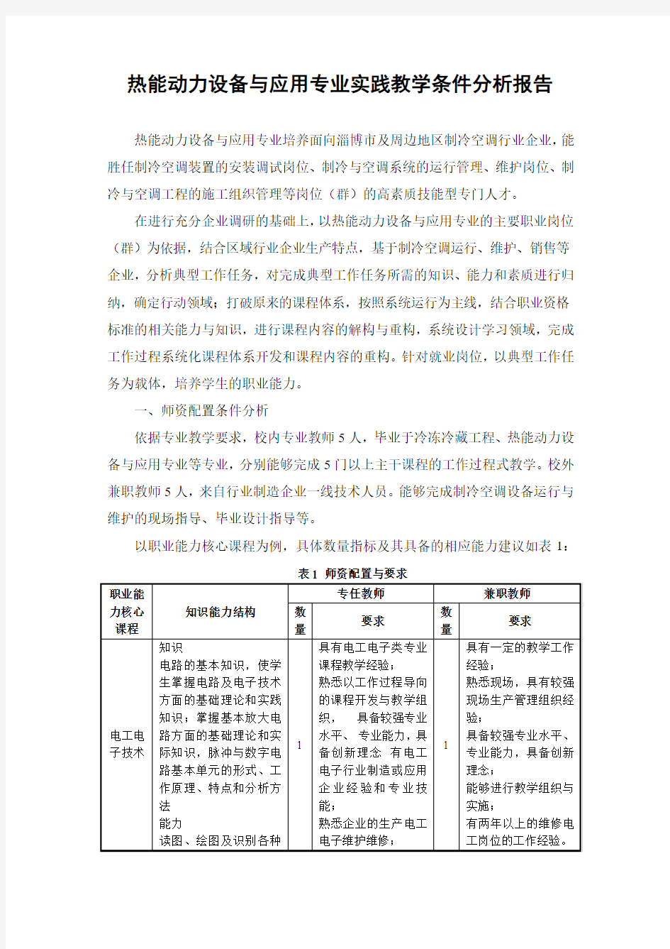 热能动力设备与应用专业实践教学条件分析报告