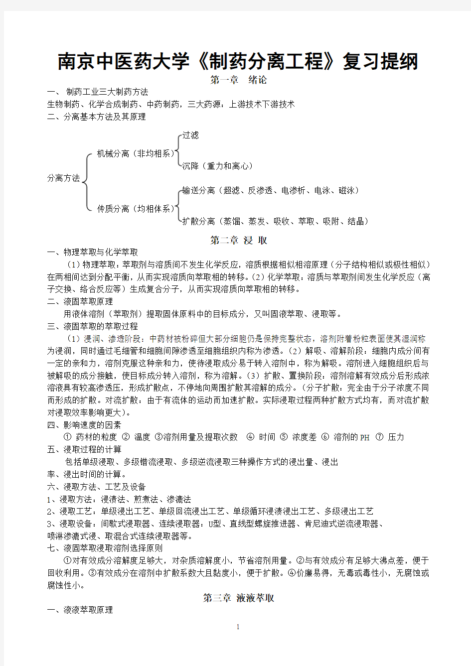 南京中医药大学《制药分离工程》复习提纲