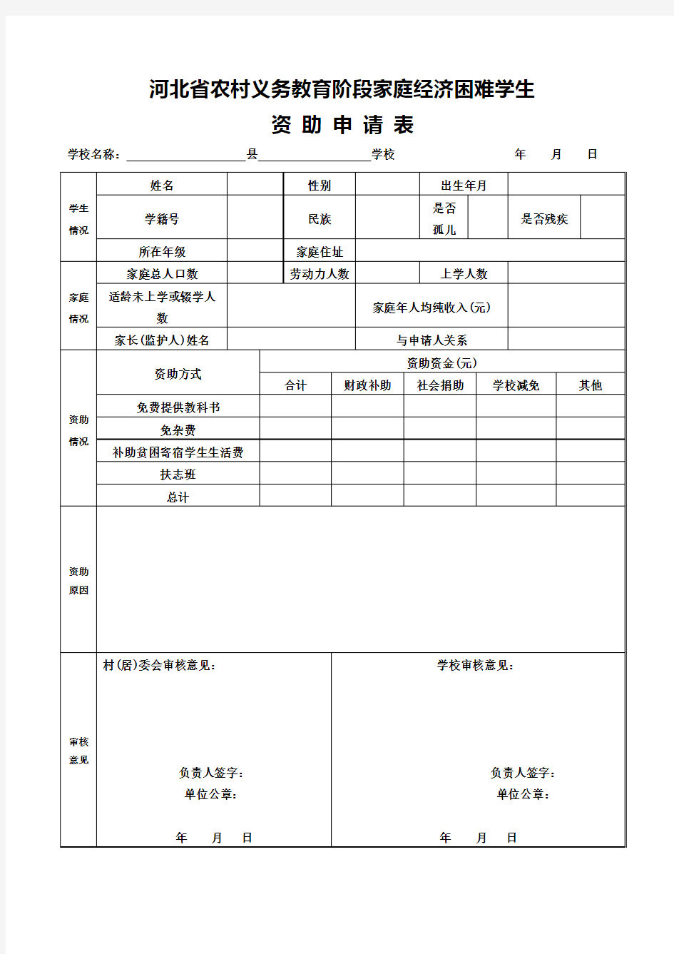 河北省农村家庭经济困难学生资助申请表