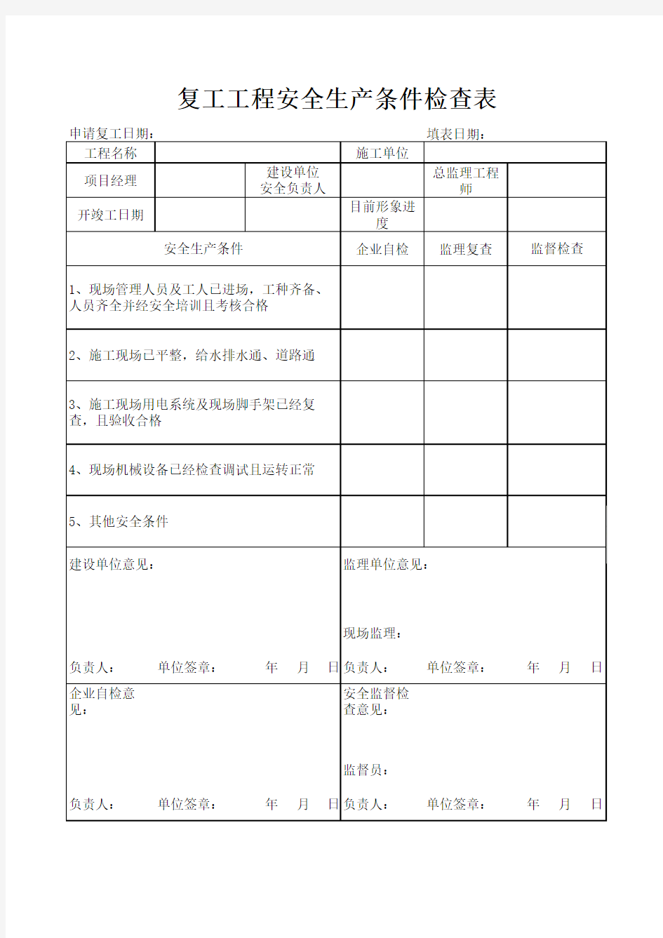 复工工程安全生产条件检查表