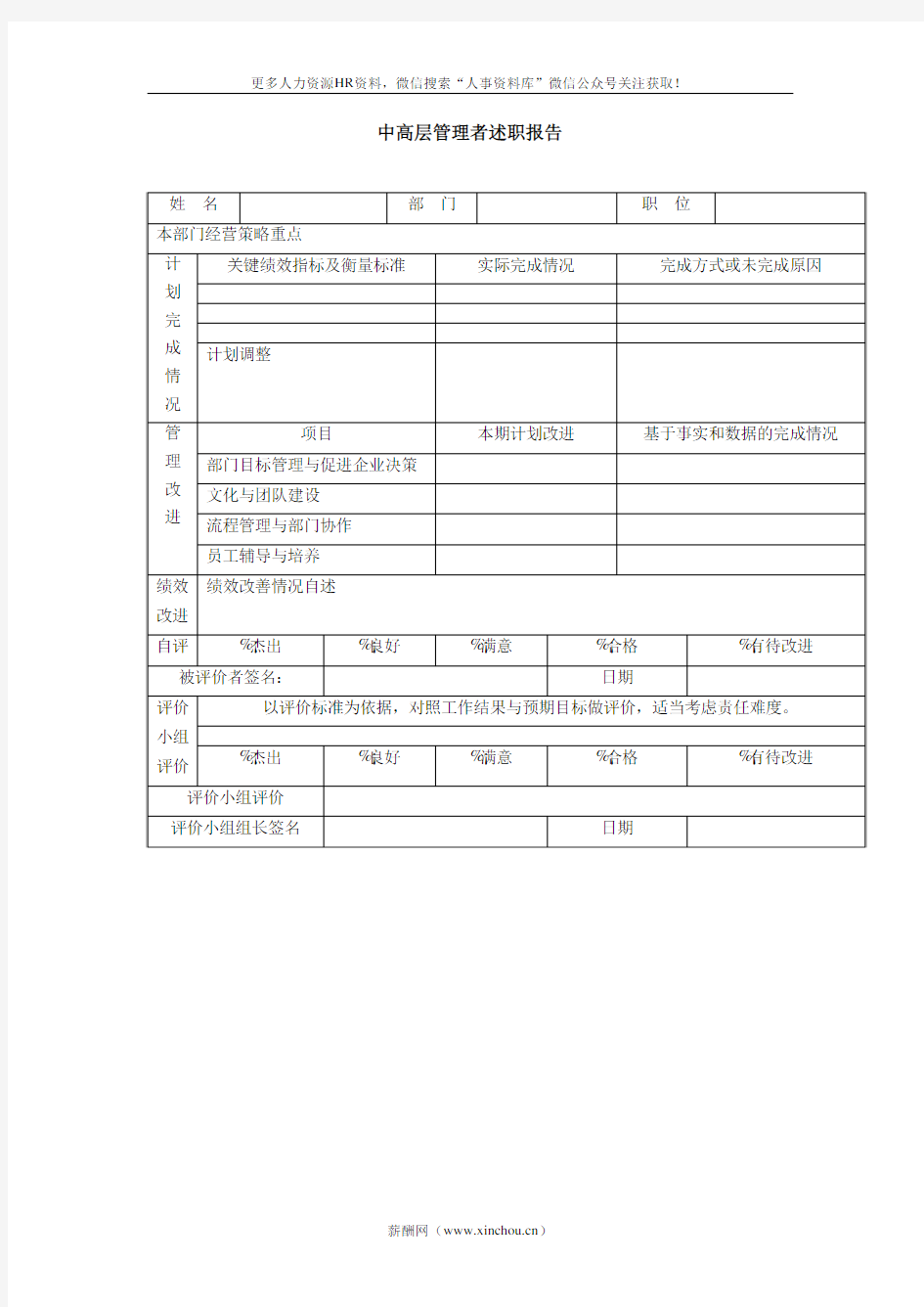 OKR与专题KPI专题-中高层管理者述职报告表-模板1