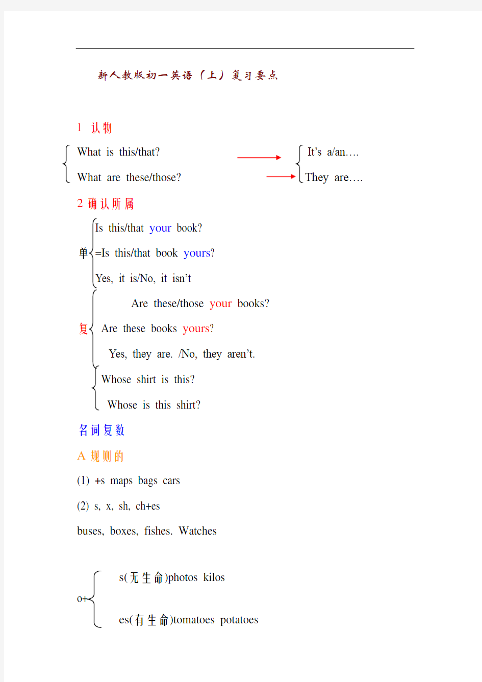 新人教版初一英语上册_期末复习教案【精选】