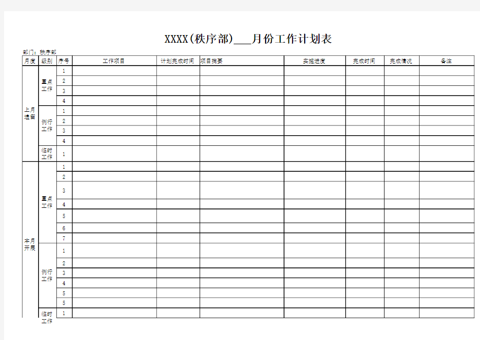 部门月度工作计划表