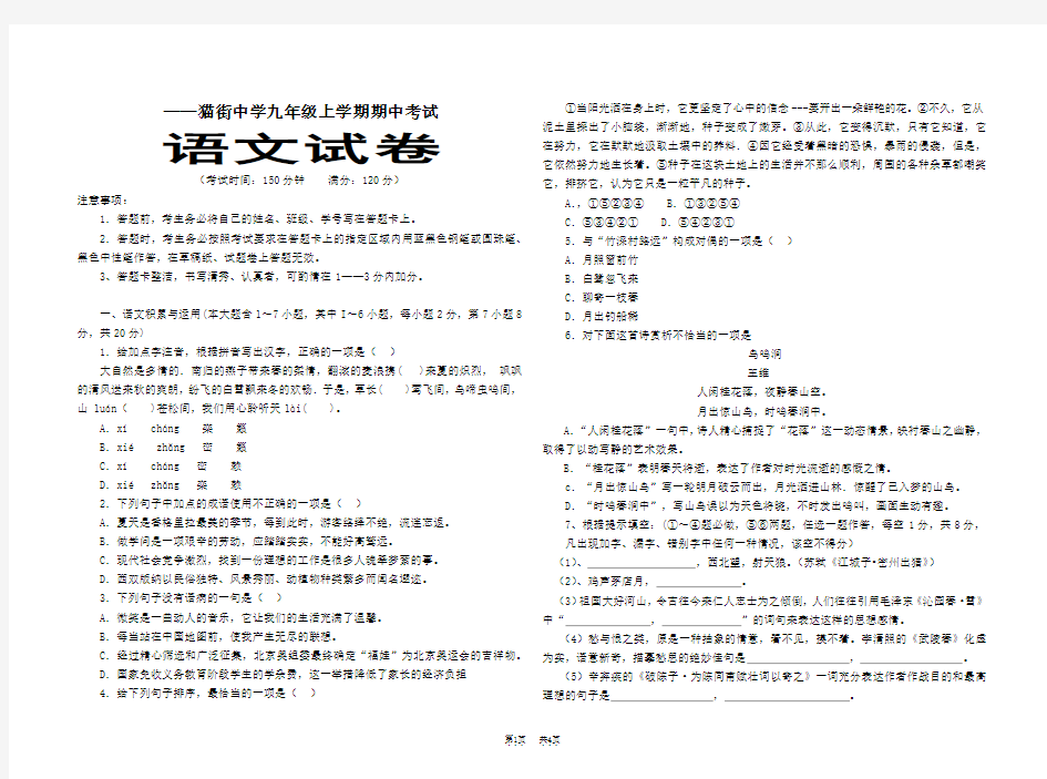 人教版九年级上学期期中考试语文试卷