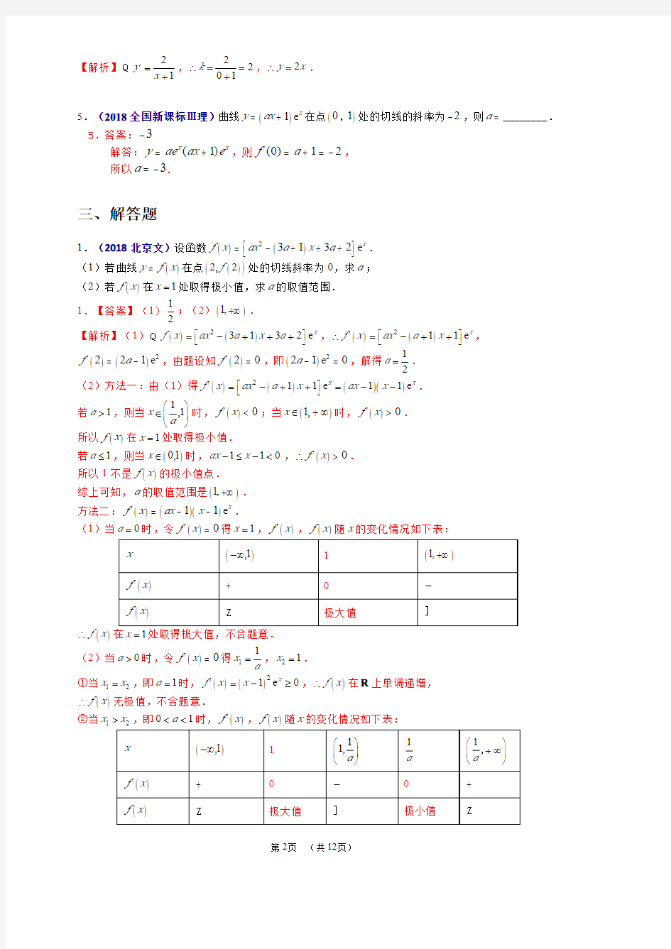 2018年全国各地高考数学试题及解答分类大全(导数及其应用)