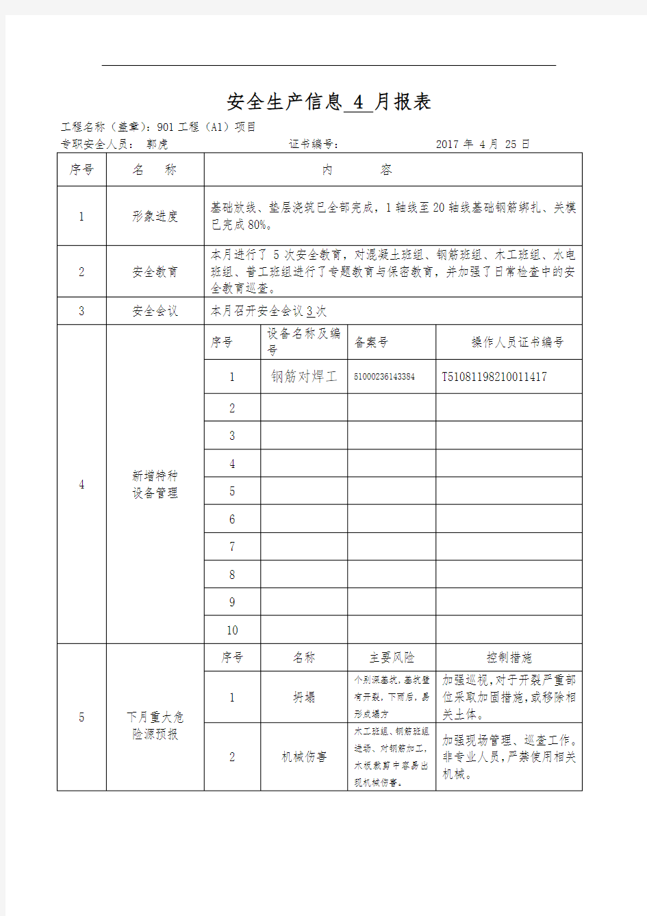 901-A1安全生产信息月报