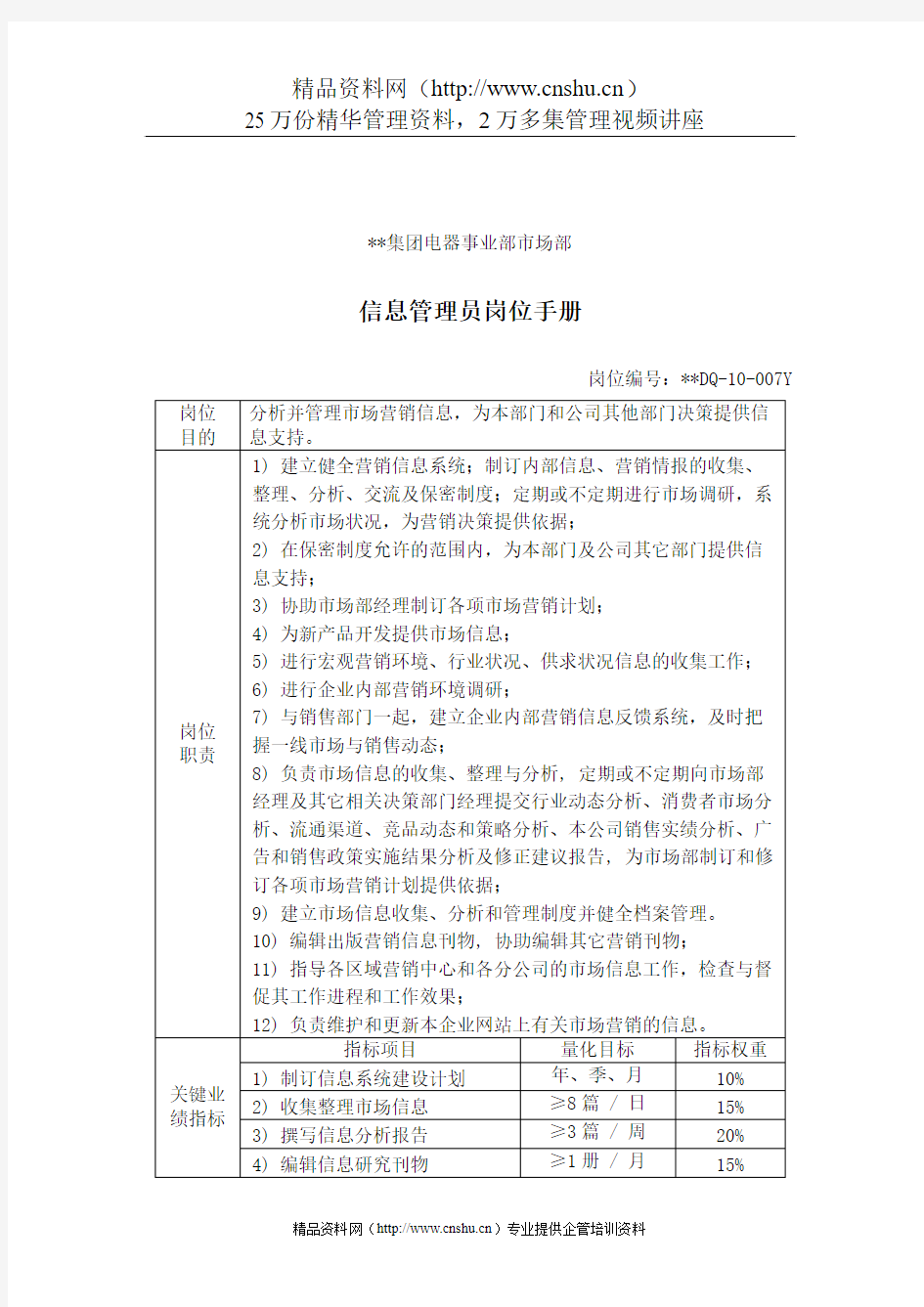 各部门KPI汇总--电器事业部市场部信息管理员岗位手册(doc)