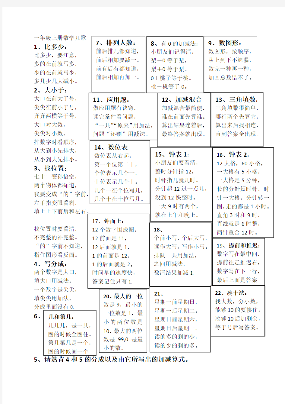 人教版一年级上下册数学儿歌