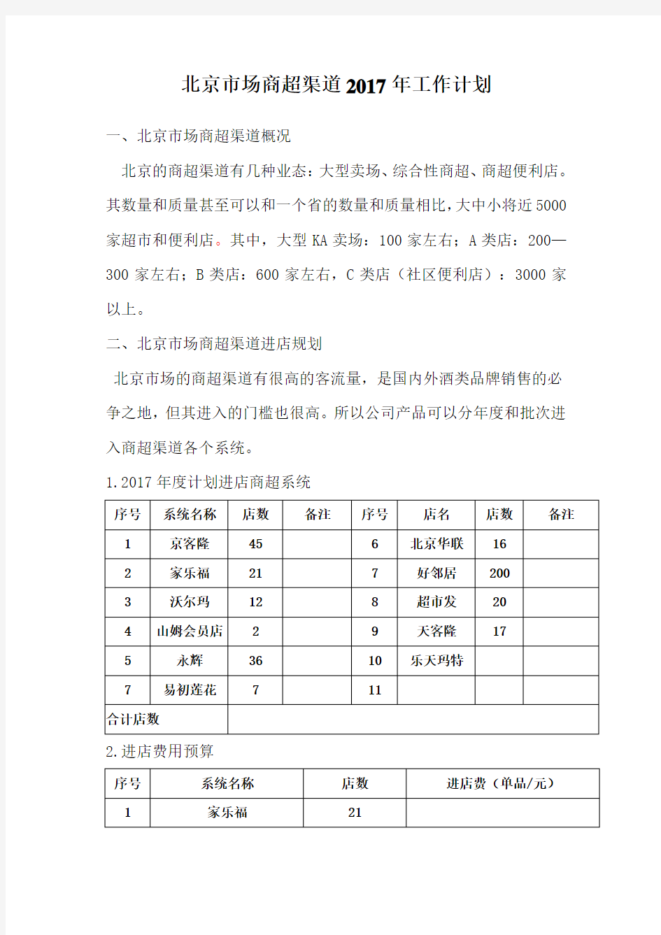 北京商超渠道工作计划