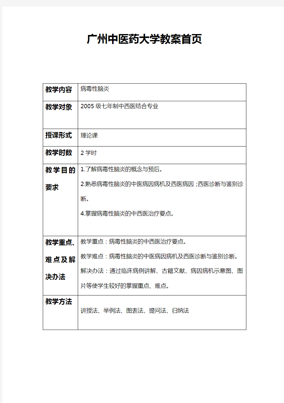 病毒性脑炎广州中医药大学教案首页