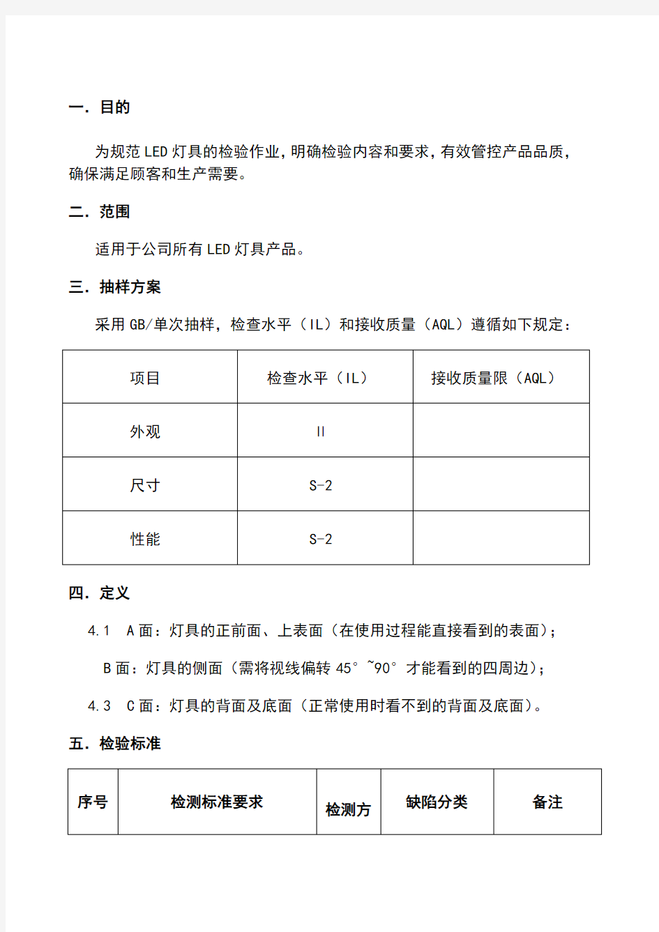 LED灯具成品通用检验标准