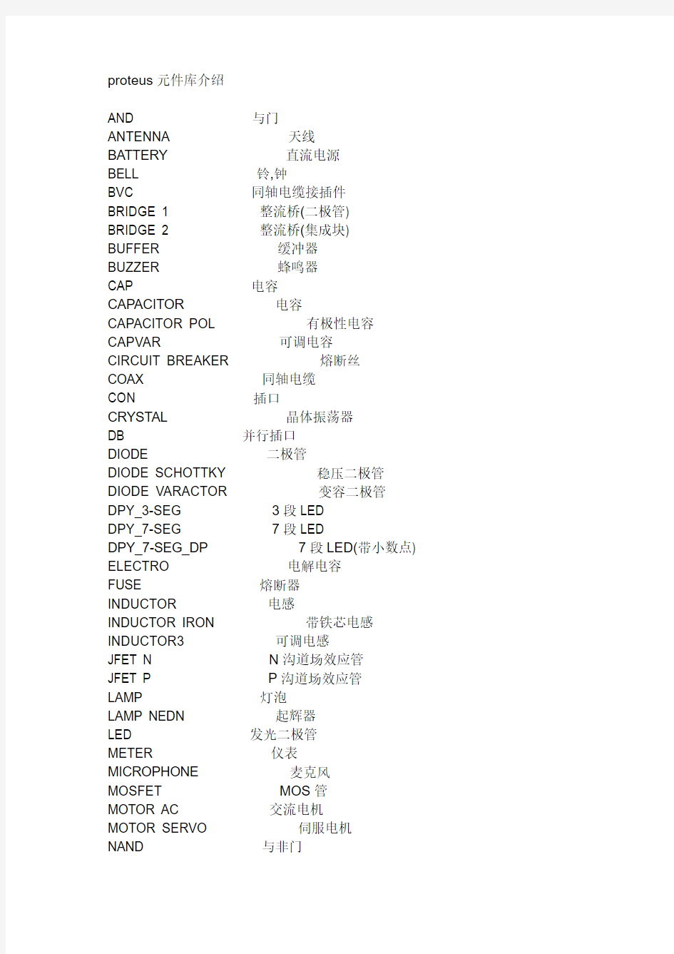 Proteus元件库对照表资料