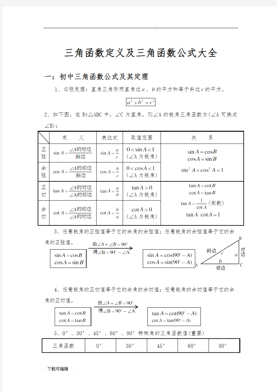 三角函数定义与三角函数公式大全