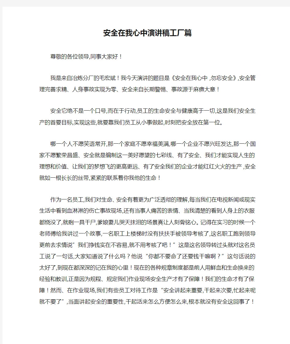 安全在我心中演讲稿工厂篇