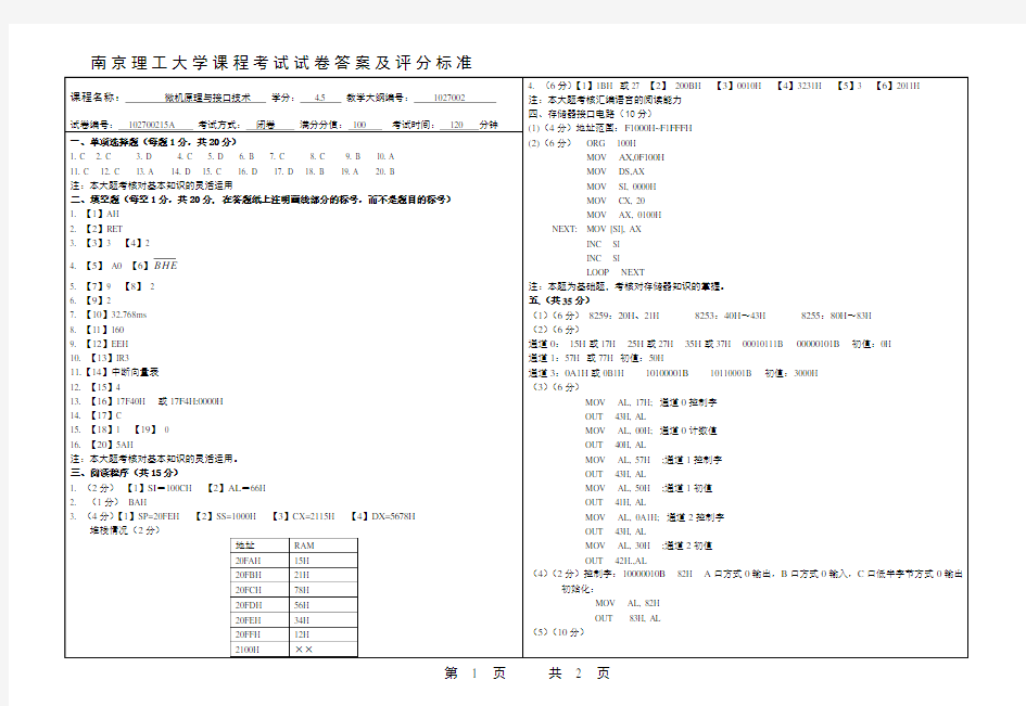 南京理工大学微机原理试题答案与评分标准