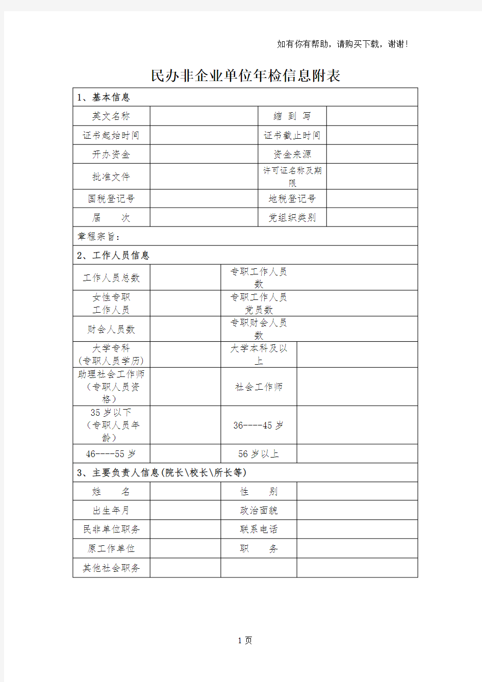 民办非企业单位年检信息附表