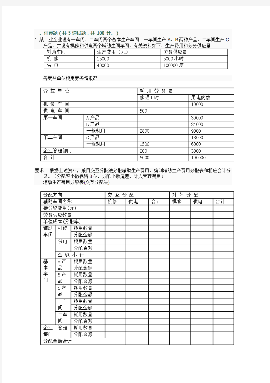 2019电大国家开放大学学习网成本会计形考任务2