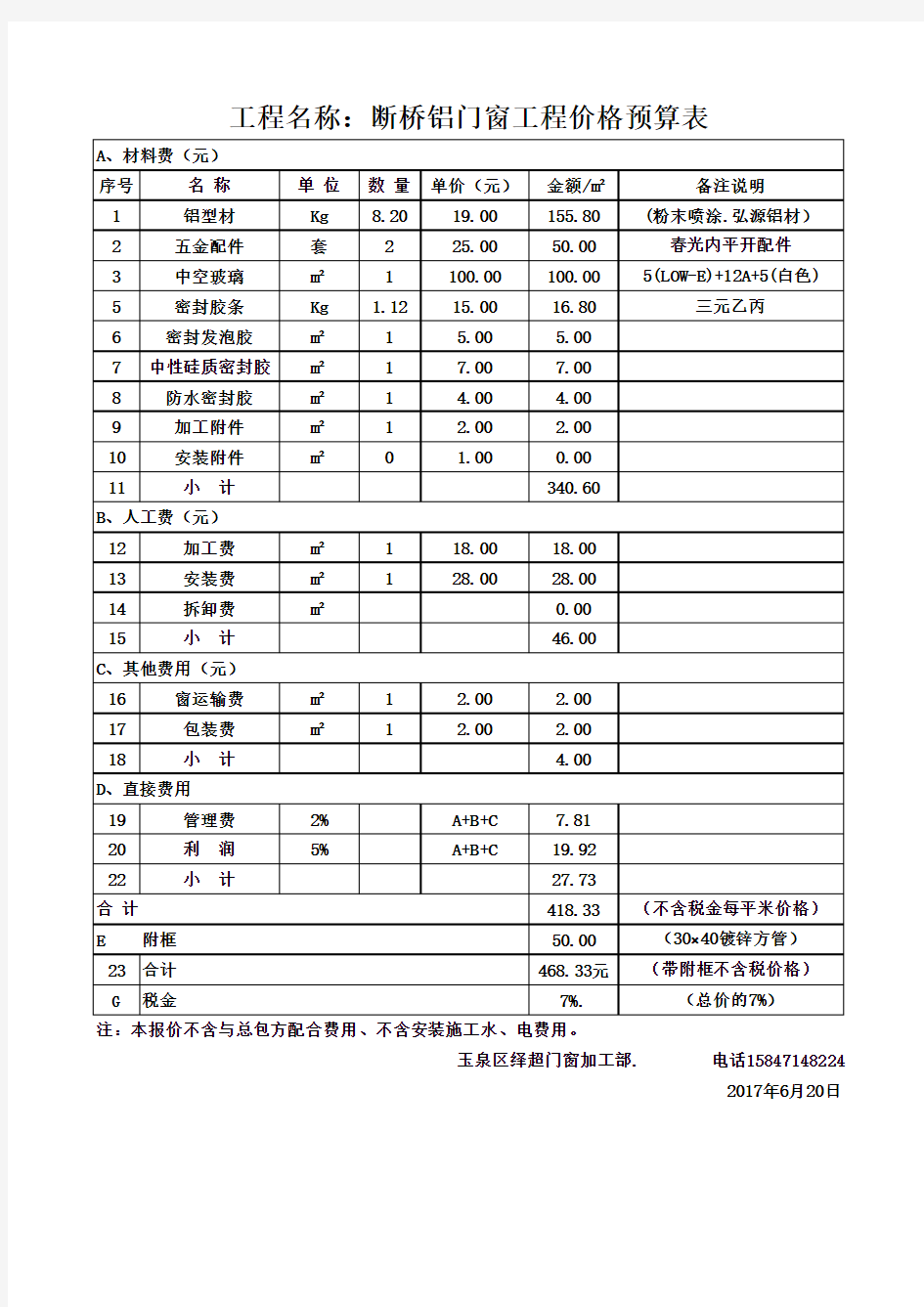 断桥铝门窗工程价格预算表