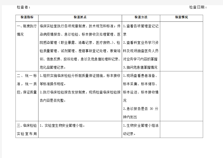 检验科医疗质量检查表