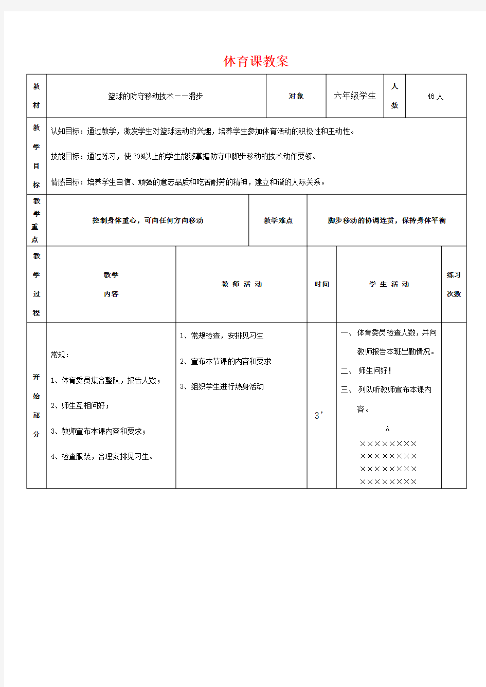 六年级体育教案 篮球的防守移动技术——滑步