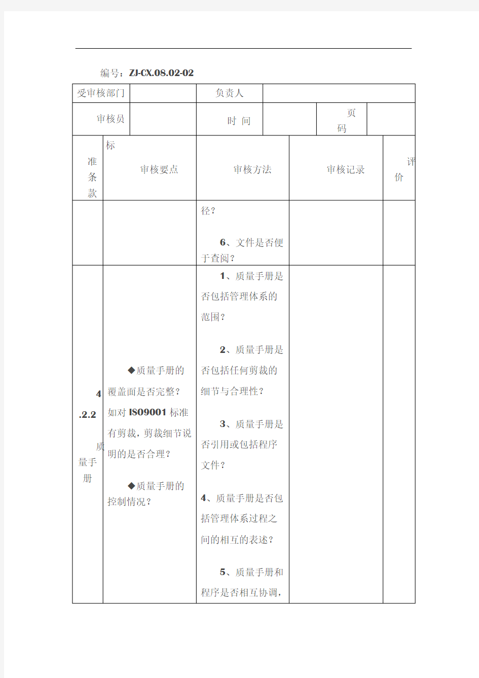 ISO质量管理体系内审检查表