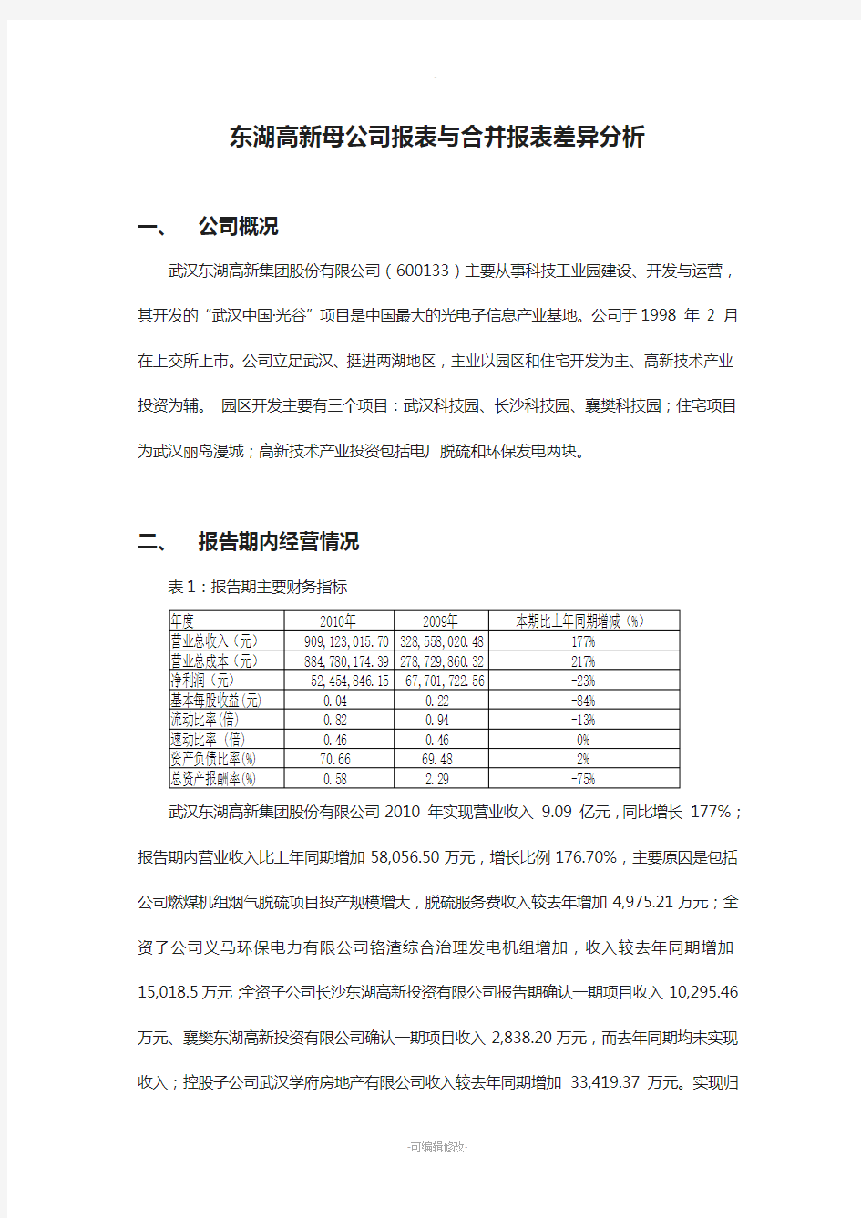 母公司报表与合并报表差异分析