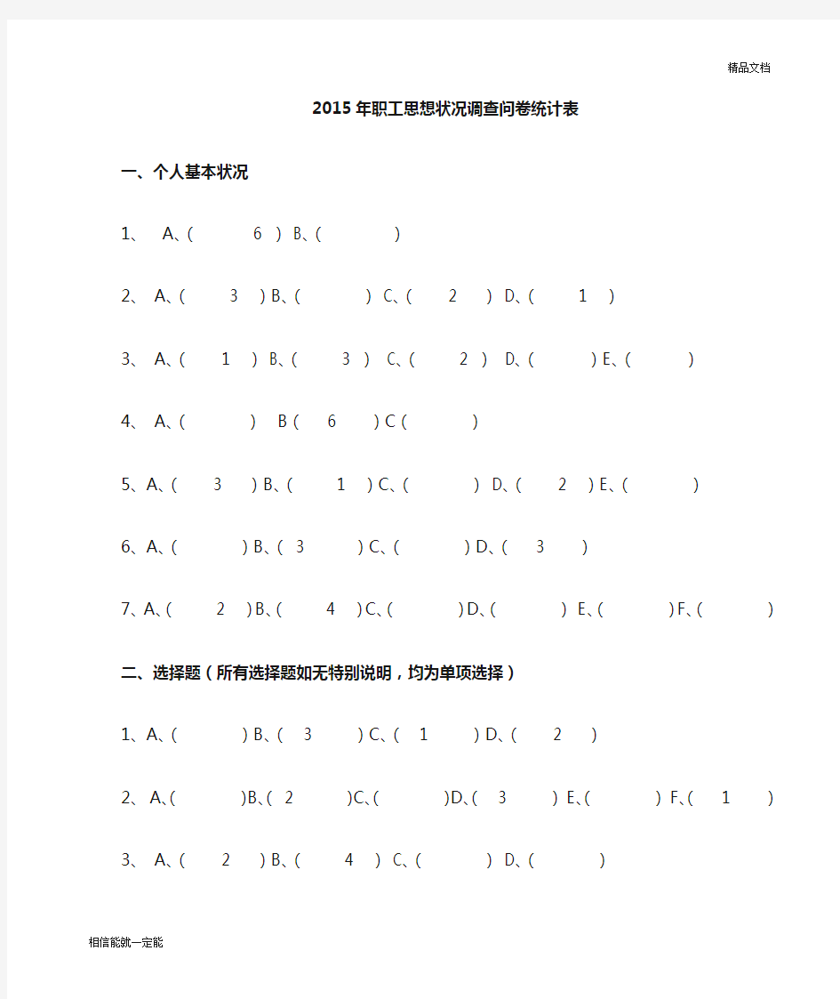 2015职工思想动态调查问卷统计表