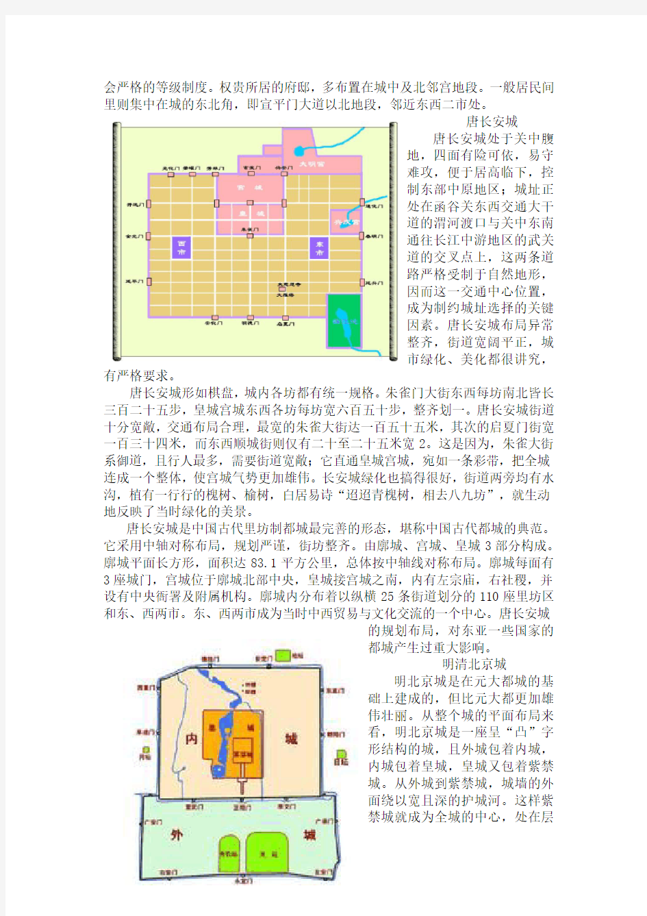 汉长安城唐长安城明清北京城布局差异