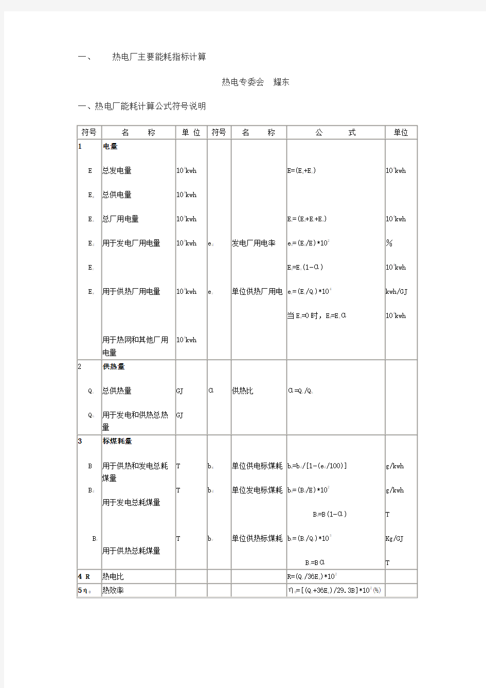 热电厂主要能耗指标计算