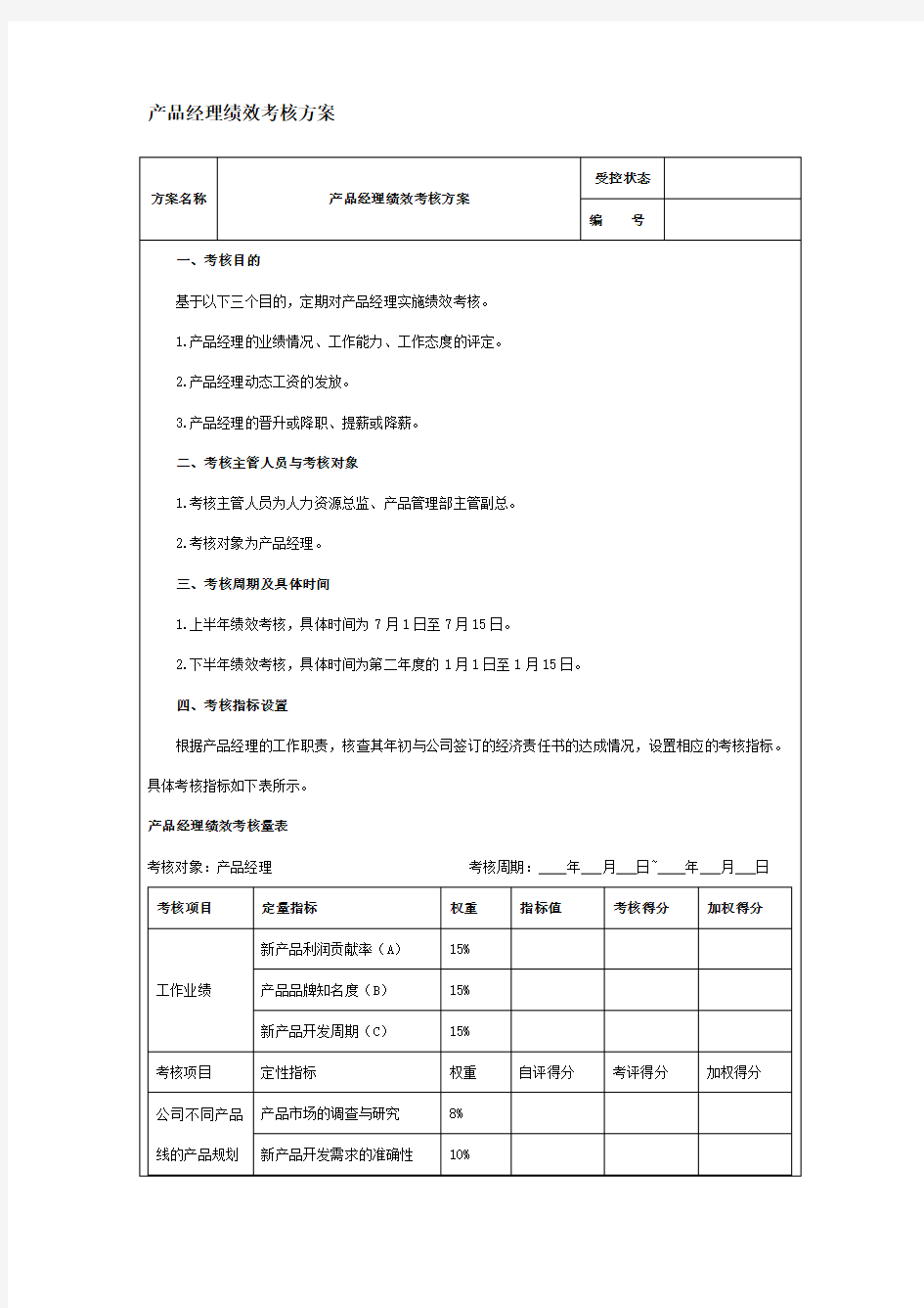 产品经理绩效考核方案