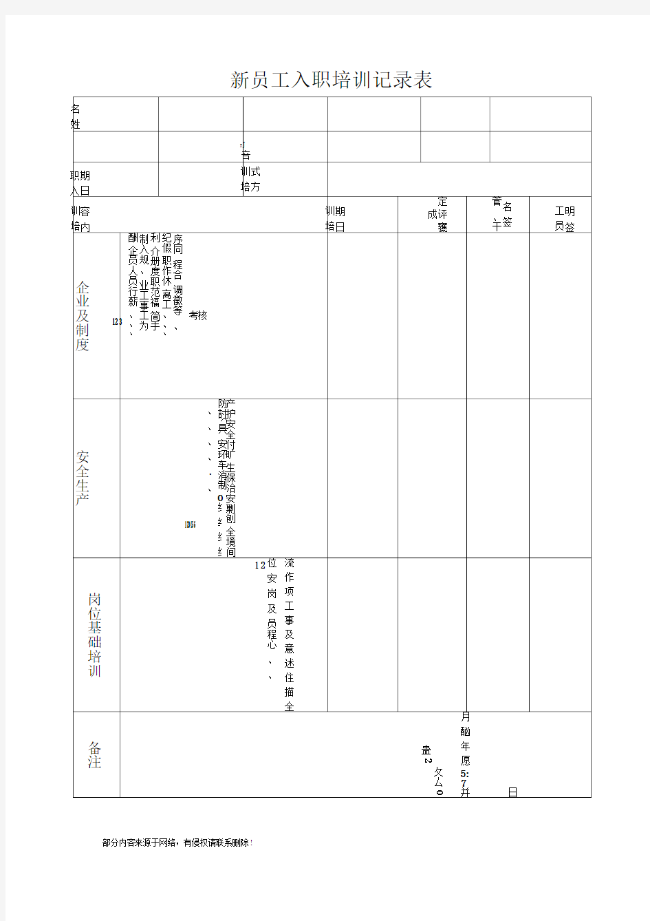 新员工入职培训记录表最新版