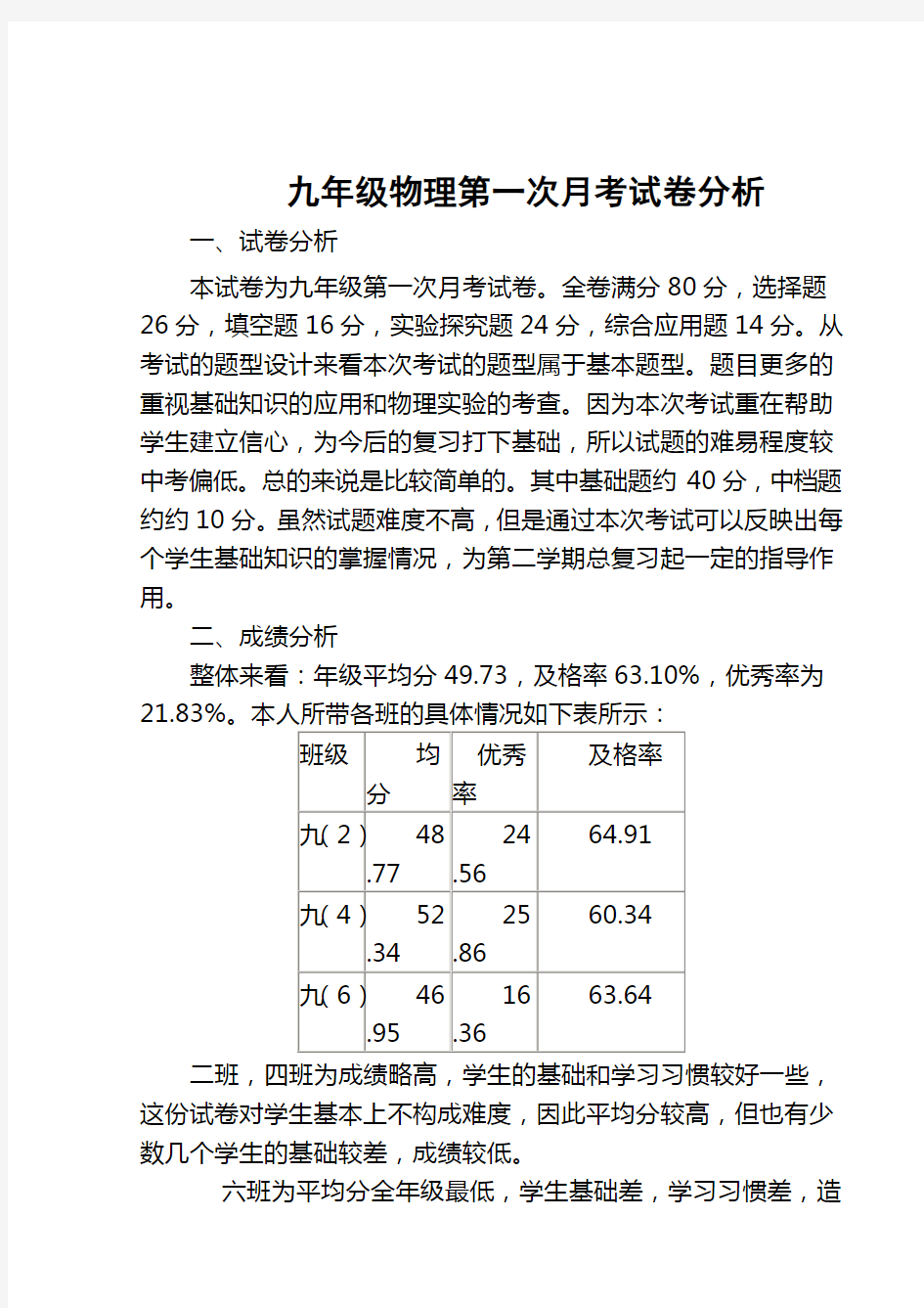 九年级物理月考试卷分析